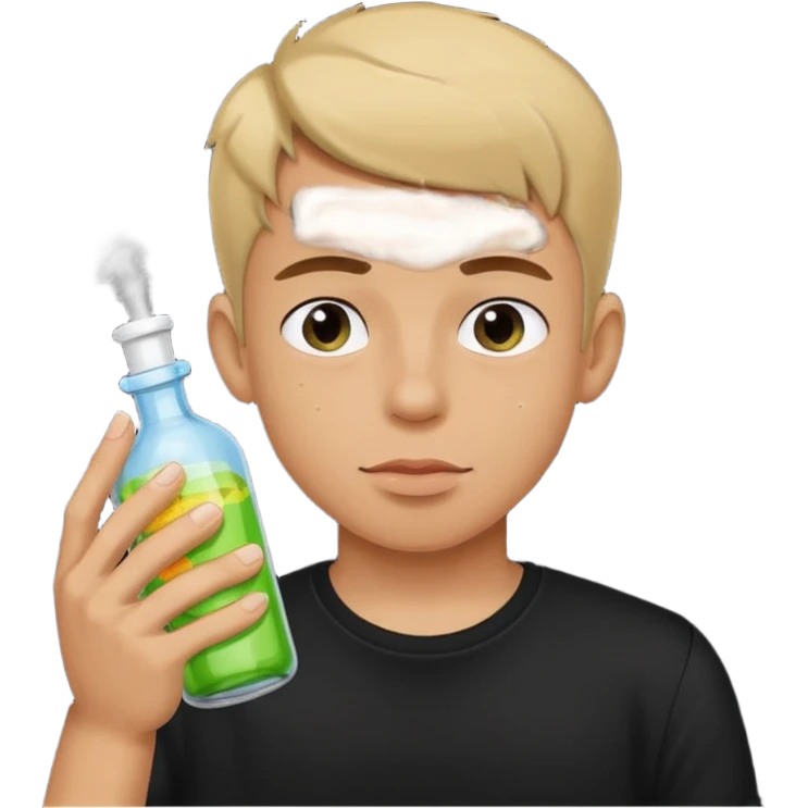 Boy with black shirt smelling bottle of poppers emoji