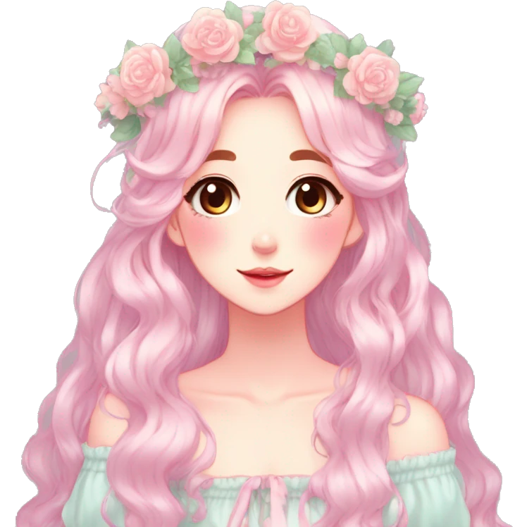 Shiny Gorgeous Pastel Anime Lady with blushing face and pretty hair with a flower crown pastelcore kawaii cottagecore fairycore aesthetic trending style emoji