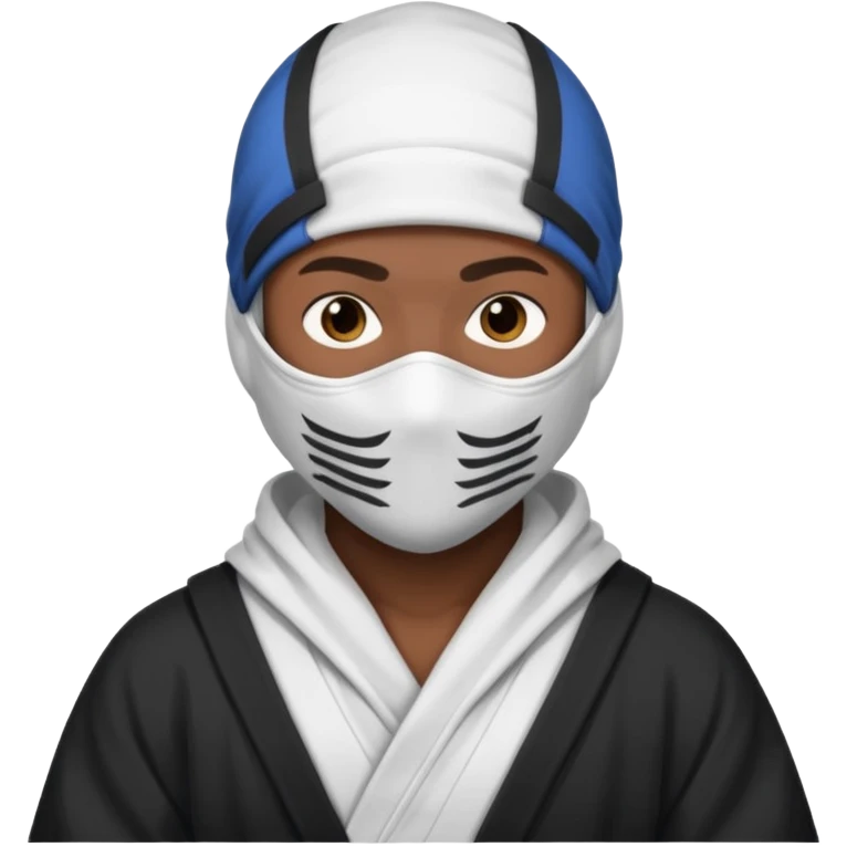All white ninja robe with no black with white ski mask to cover face and neck with a hoodie on and dark brown skin color emoji