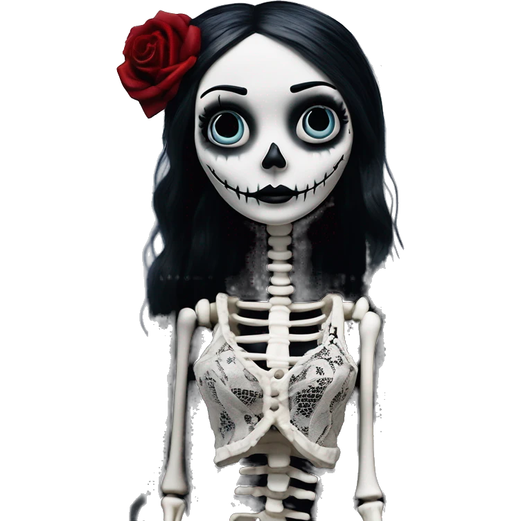 full height skeleton body, tim burton "corpse bride", thin porcelain doll with a cracked face, goth makeup watery eyes, long hair, lace and ruffles, lolita style, inked, black and white, red roses emoji