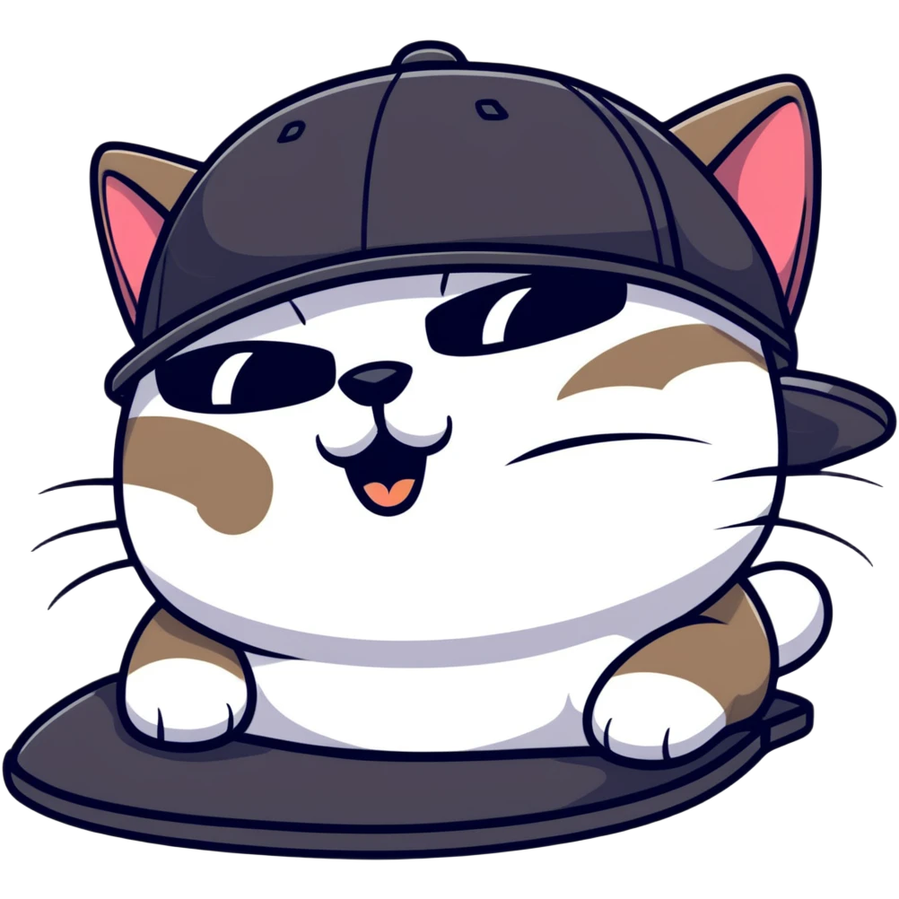 close-up of cat's face with one eye completely closed in an obvious wink, other eye open, wearing black snapback cap, black sunglasses positioned low on nose so cat is peeking over them, mischievous expression emoji