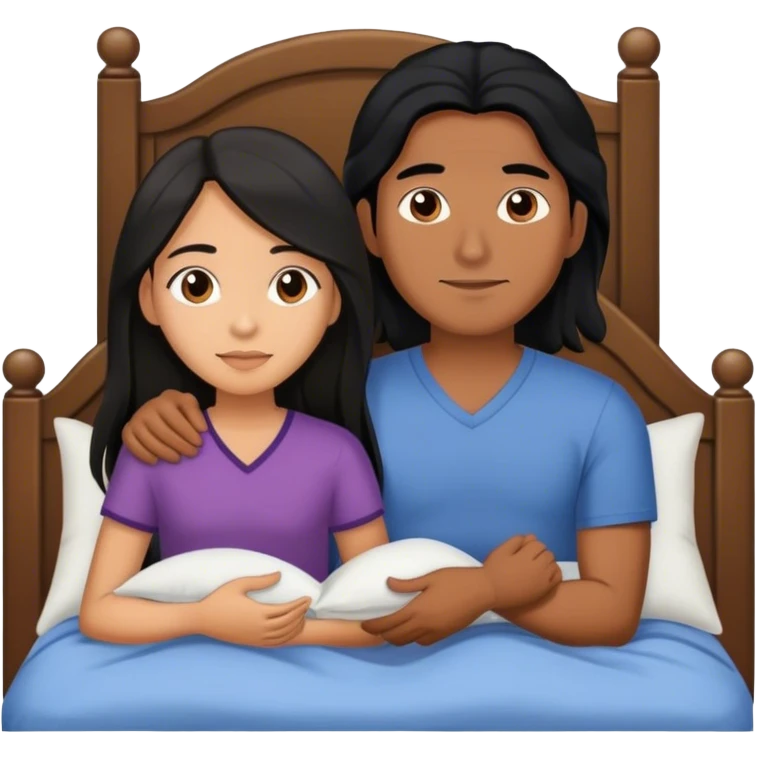 Latino man with long black hair in bed with brown hair Filipina emoji