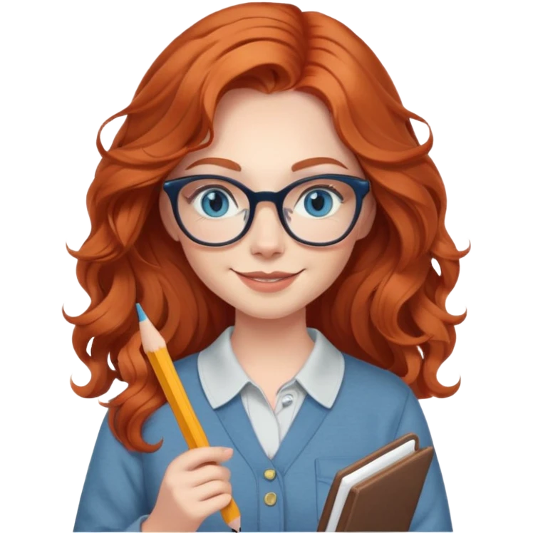 redheaded woman with long wavy hair, blue eyes, cat-eye glasses, casual outfit, holding a pencil, smiling emoji