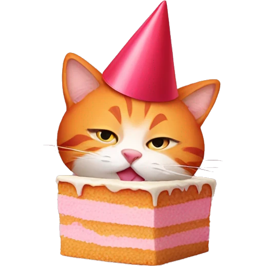 Orange cat with stripes wearing a red party hat eating a piece of pink cake emoji