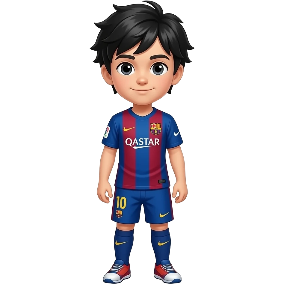 haz un chico con la camisa del barça i pantalones que no sean del barça nike i pelo hacia delante i negro i cuerpo entero emoji