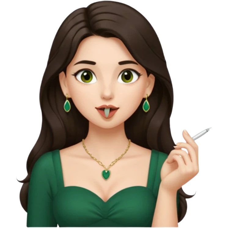 pretty bratz genmoji that looks like tamannah bhatia (bollywood actress), wearing a dark green sweetheart neckline top, dark brown hair, light makeup, no necklace, dangly earrings, SIDE hair part, fair. dark brown eyes, long hair

Show her licking her finger  emoji