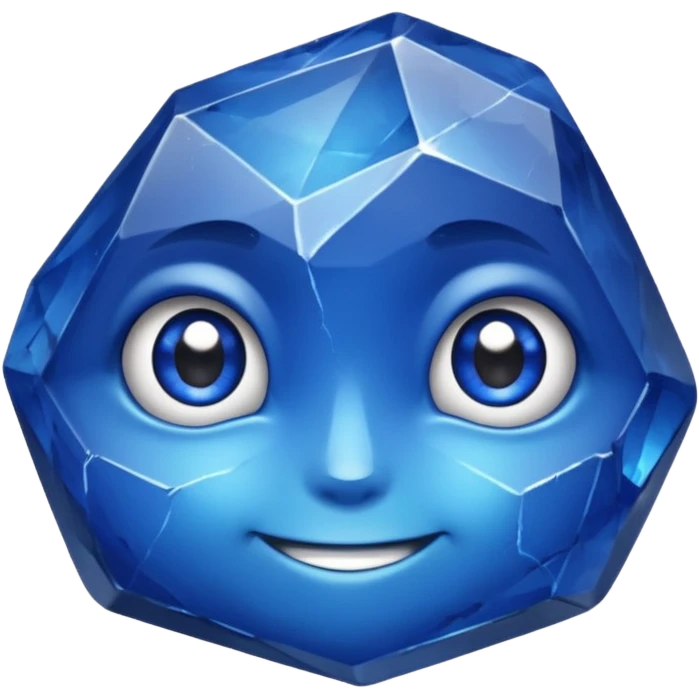 A single sapphire-blue faceted rock head, chunky and worn, with a few visible cracks and chipped facets but still shiny, big kind eyes and a confident smile, 3 emoji