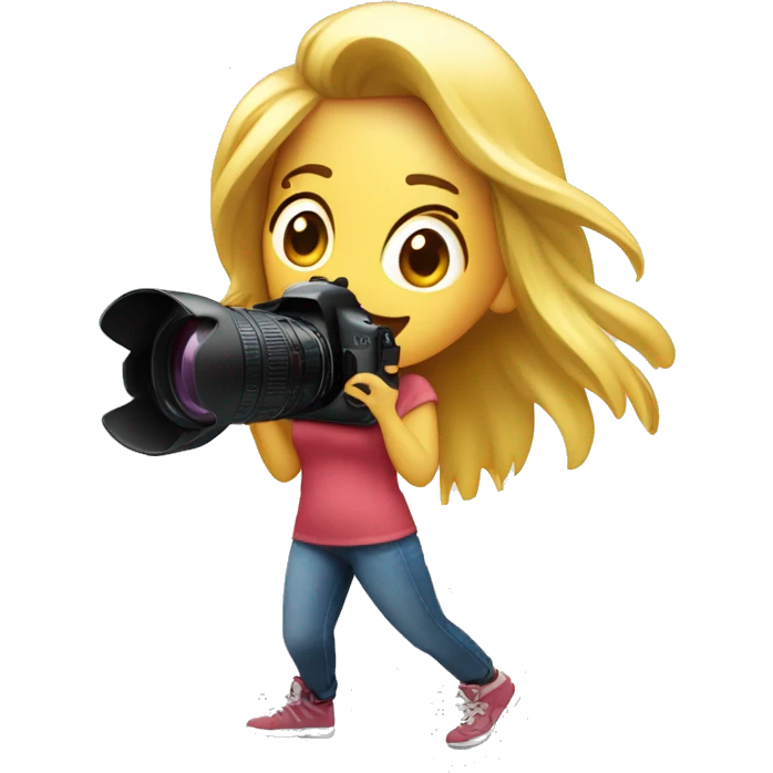 Chica rubia con cámara sacando fotos emoji