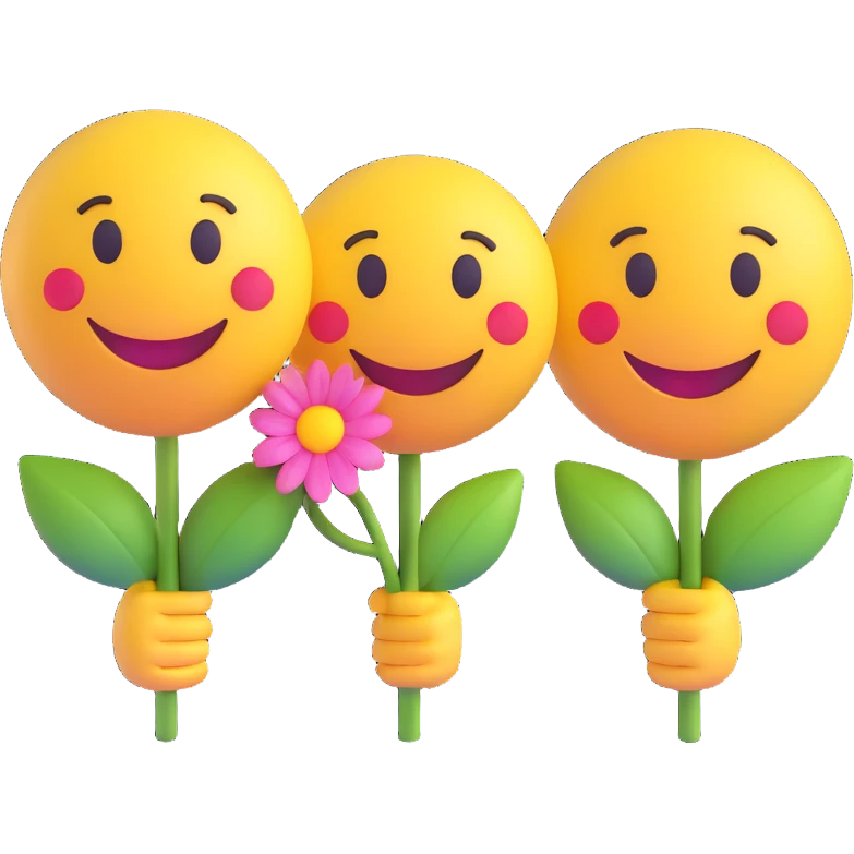 3D smiley emoji, round shape, in love, boy and girl smileys side by side, flower in boy's hand, no body emoji