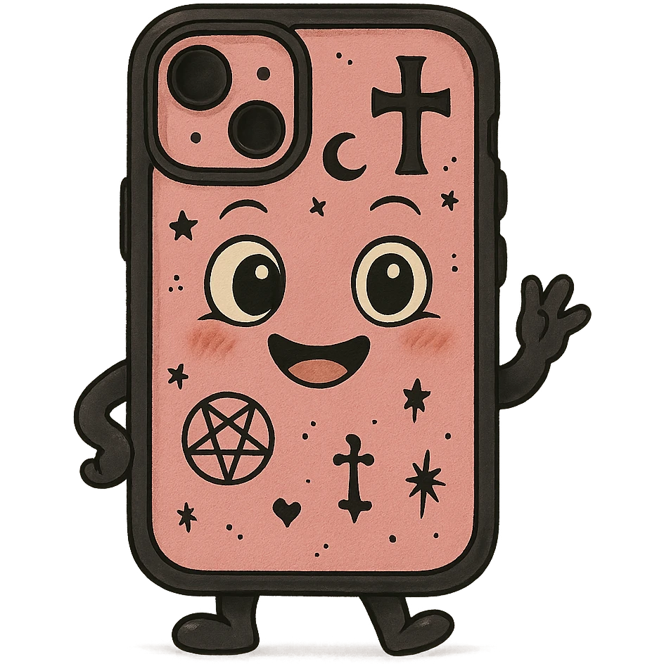 pink and black gothic phone case, big eyes, smiling, playful, cartoonish, gothic symbols emoji