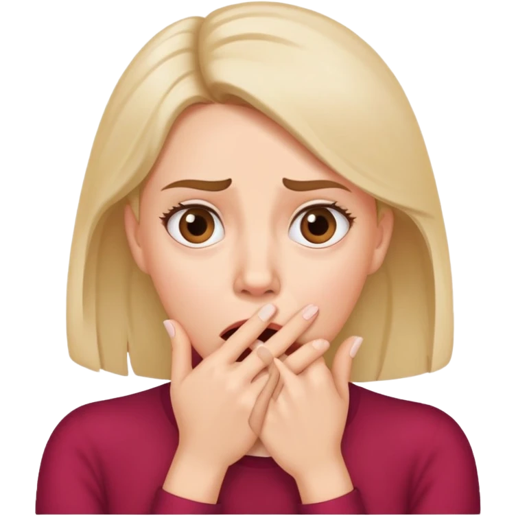 Woman with hand covering mouth, surprised and confused expression with furrowed brow emoji