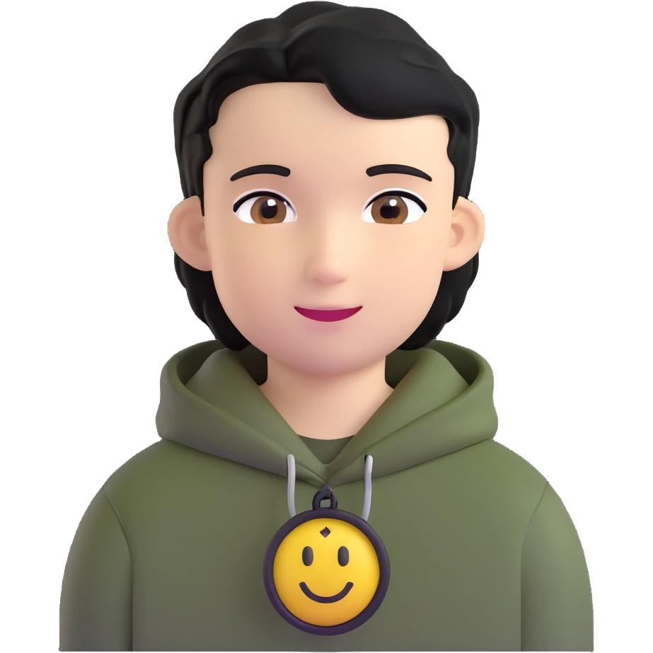 boy with military cut black hair, brown eyes, wearing 2 circle earrings and a black hoodie with a smiley face emoji