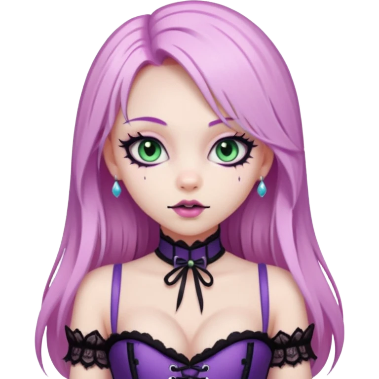 pretty scary girl, long straight LIGHT pink HAIR, jade kitten eyes, black eyeliner, pale skin, purple corset clothes with laces emoji