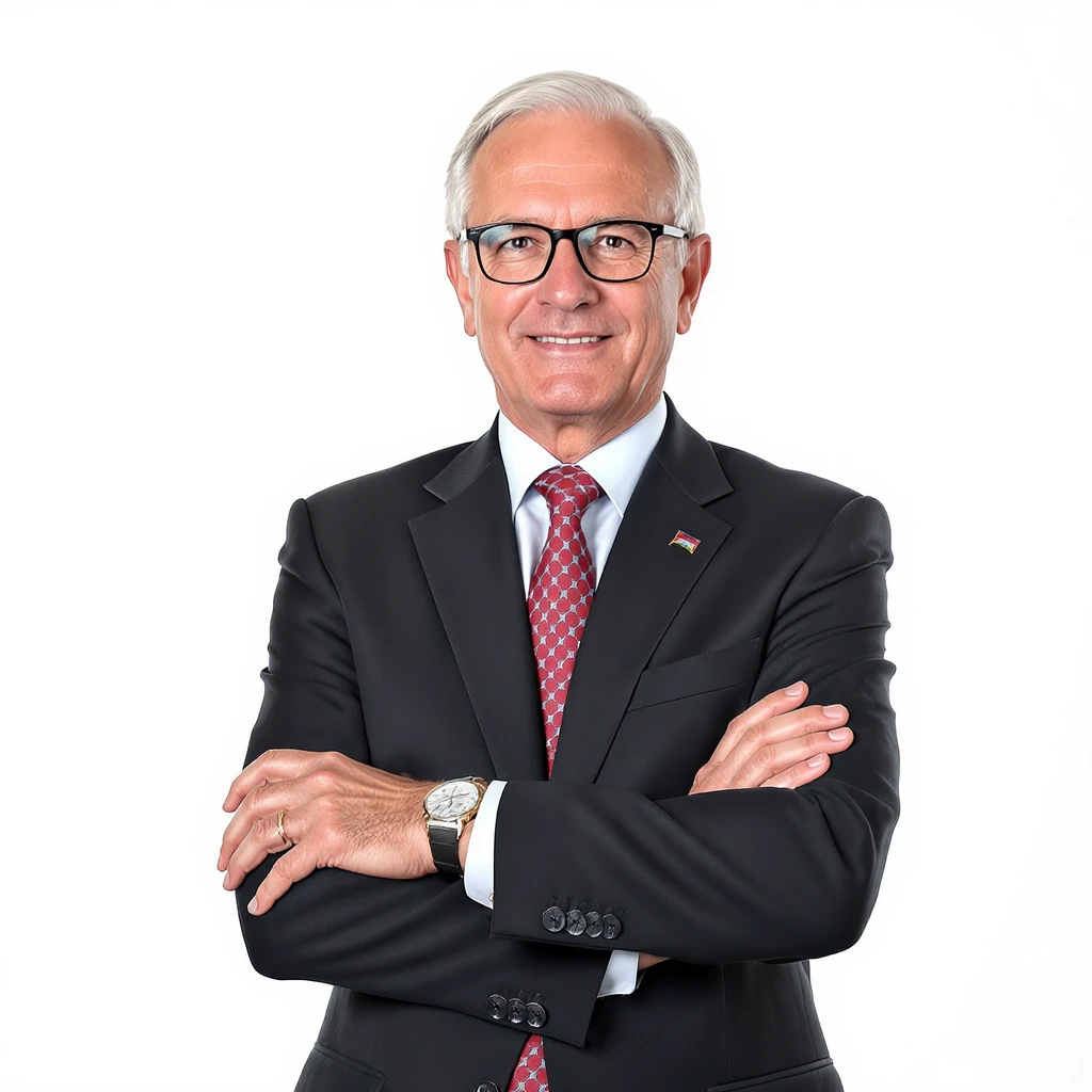 Photo of a 60 year old polish businessman crossed hands and glasses, elegant outfit, white solid background emoji