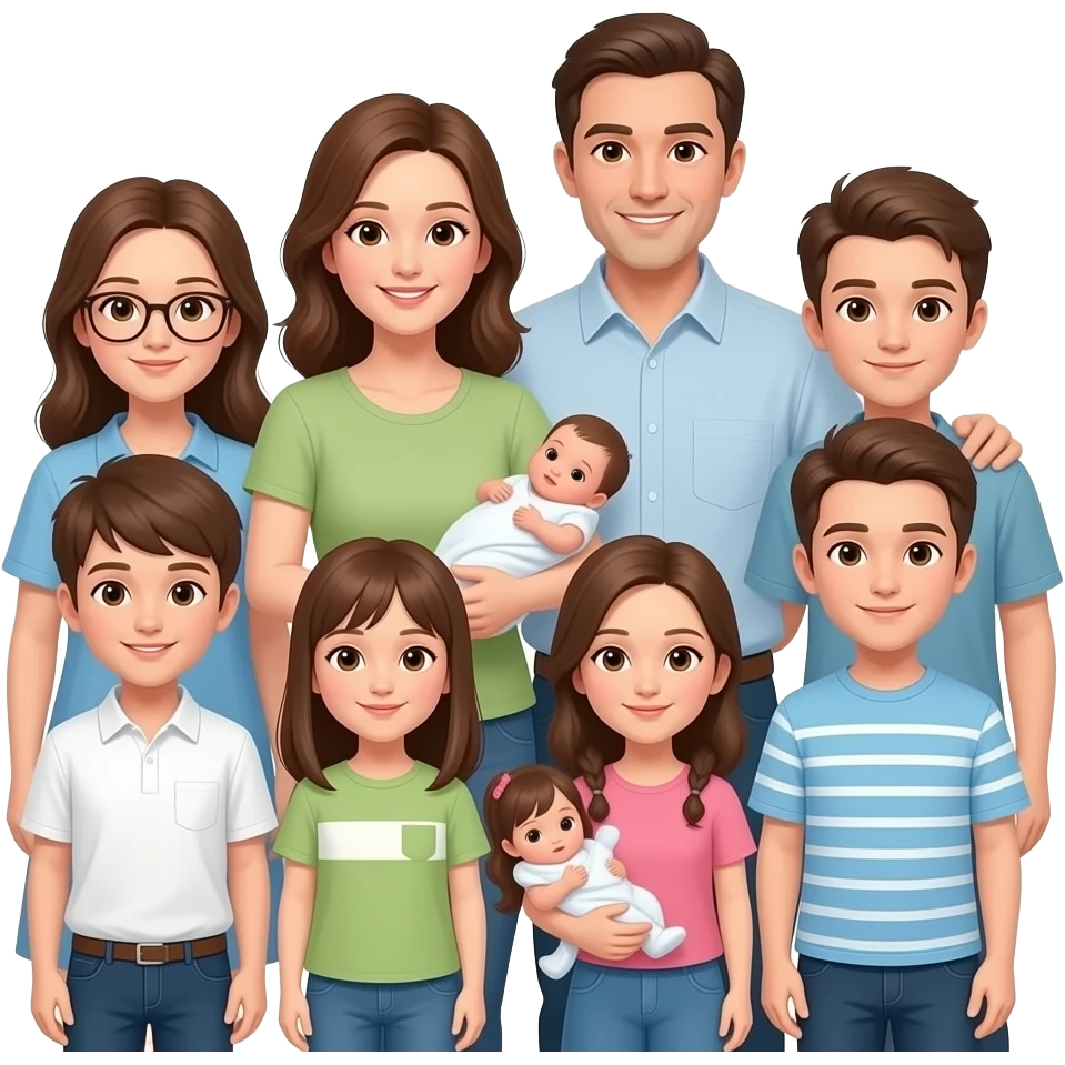 family of 8 white people and all with brown hair with 2 parents mom and dad with 6 kids 13 year old girl 10 year old boy 10 year old boy 8 year old girl small todler girl and newborn girl emoji
