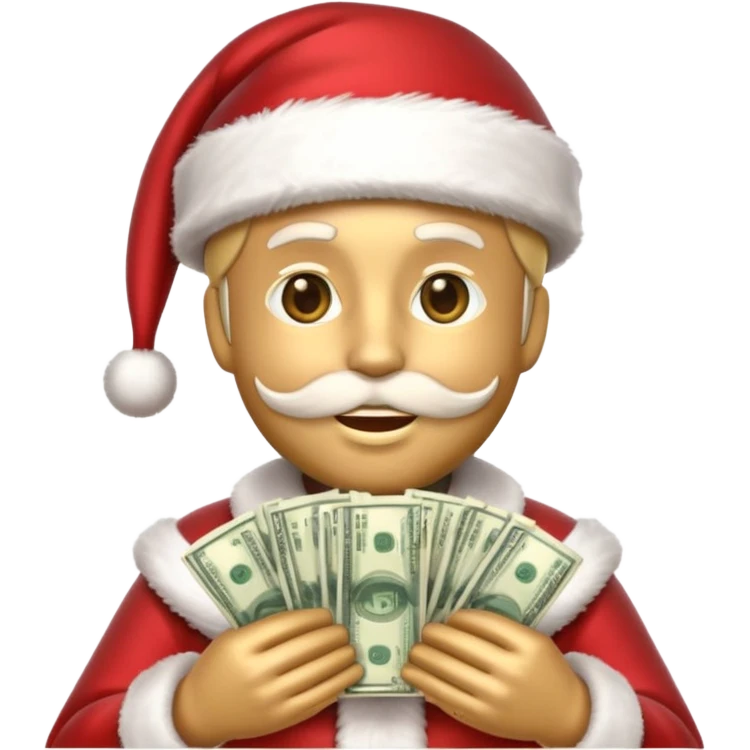 A confident rich emoji face wearing a Santa hat, money stacks, casino vibe, New Year theme, premium 3D emoji style, sharp details, no text, isolated on transparent background emoji