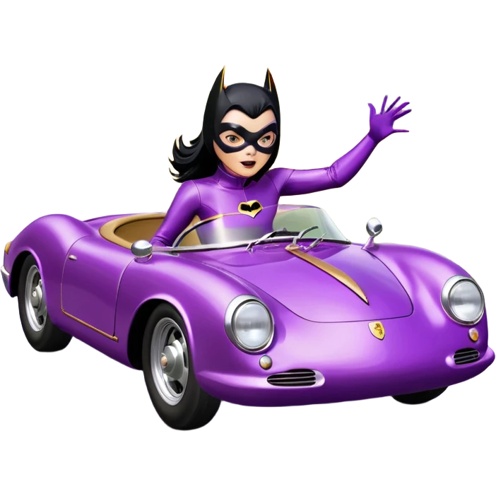 BatGirl driving her satin-black and rose gold 1955 Porsche 550 Spyder too fast in the country, despite the rainy conditions making the tires slippery, sliding sideways with her black hair fluttering in the wind (purple shiny latex catsuit, black car)  emoji