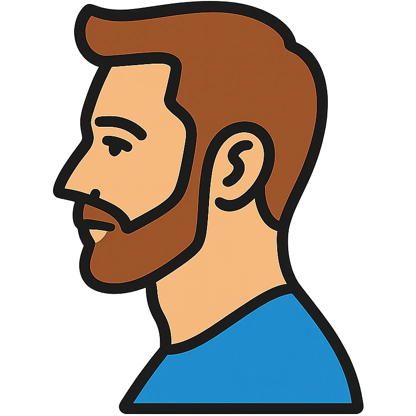 Show the same handsome white man in side profile with brown hair, stubble, and a simple background. emoji
