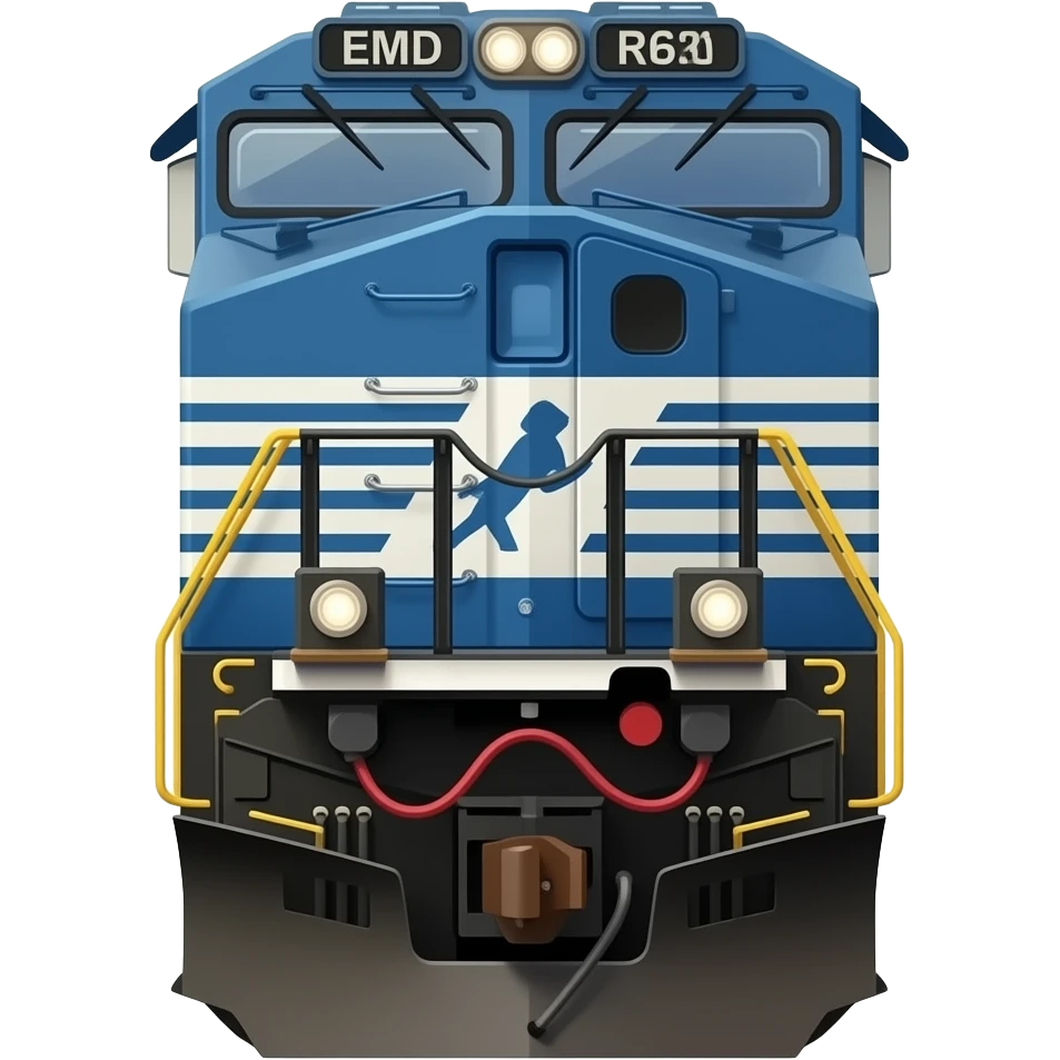 American made, EMD train engine, locomotive engine, front view, UP, cartoon style of a realistic picture emoji