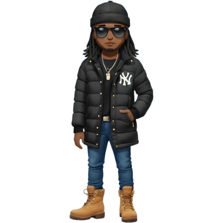 African American man brown skin complexion with black dreadlocks shoulder length wearing black bubble winter coat wearing black sunglasses with denim skinny jeans and timberland boots  wearing new york Yankees baseball cap emoji
