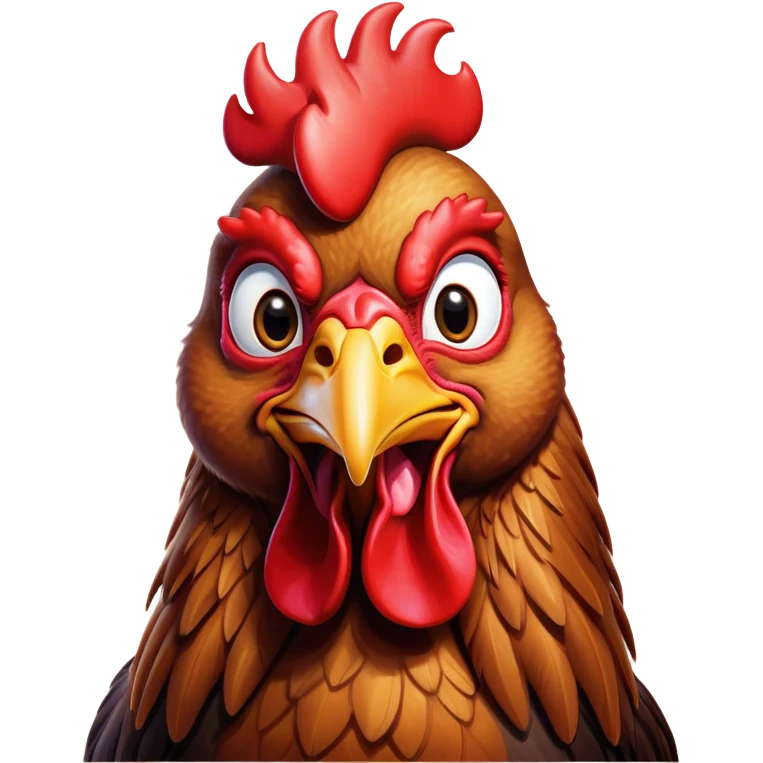 Cinematic Comical Brown Rooster Portrait Emoji, Head tilted dramatically with an exaggeratedly amused expression, featuring a striking, glossy brown plumage with a bold red comb, wide, expressive warm eyes filled with playful disbelief, Simplified yet hilariously expressive features, highly detailed, glowing with a slightly sassy glow, high shine, dramatic yet playful, stylized with an air of cheeky mischief, bright and endearing, soft glowing outline, capturing the essence of a spirited and over-the-top rooster, so meme-worthy it feels like it could crow its way into internet fame instantly! emoji