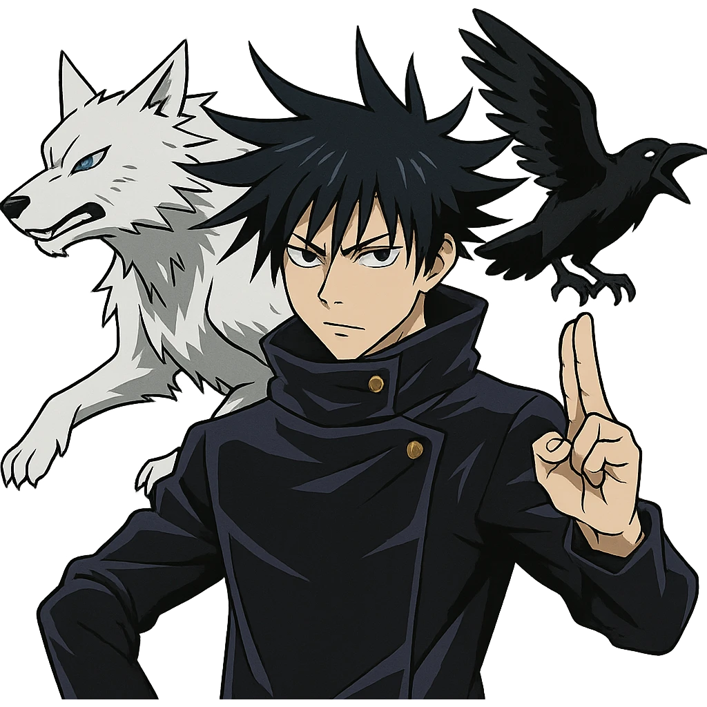 Megumi Fushiguro from Jujutsu Kaisen, spiky black hair, serious look, summoning shikigami, anime style emoji