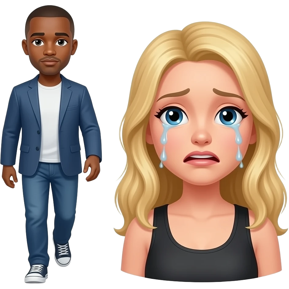 Black man with shaved walking away from crying blonde girlfriend emoji
