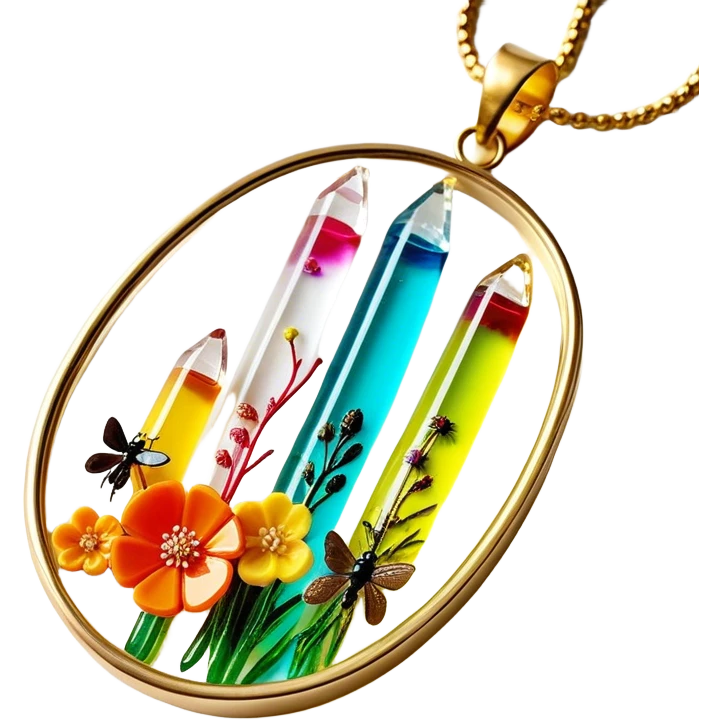 Create an icon that represents decorative arts using epoxy resin. The design should feature colorful tubes of resin, including fluorescent resin tubes, with visible drops or strokes of resin being applied to create intricate designs. Include finished resin jewelry pieces, such as pendants or rings, containing preserved flowers and insects encased in clear resin. The composition should feel vibrant, artistic, and delicate, showcasing the unique beauty of resin art with natural elements. The background should be transparent emoji