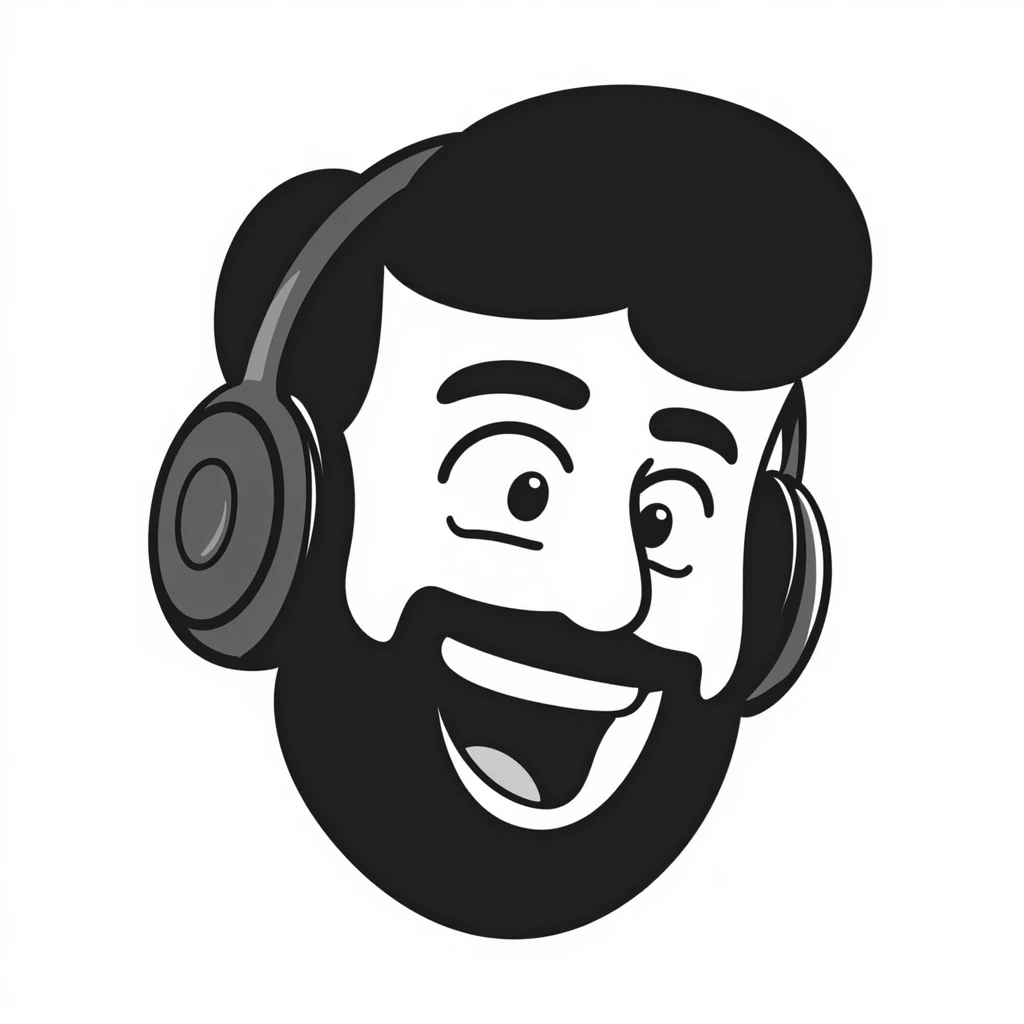anime style laughing man with black hair, brown eyes, black beard wearing gaming headset emoji