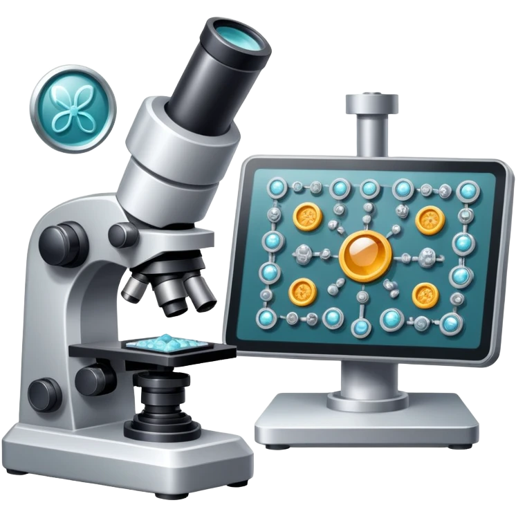 An icon featuring two-ocular electron microscope, a metal alloy, atomic structure symbols, a crystal structure. The design includes different materials like metals, ceramics and polymers, alongside a stamp representing testing and quality control. Transparent background emoji