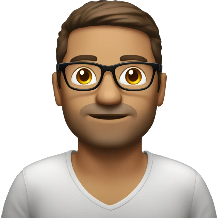 wearing semi rimless glasses 38 year old coding on macbook, with brown hair emoji