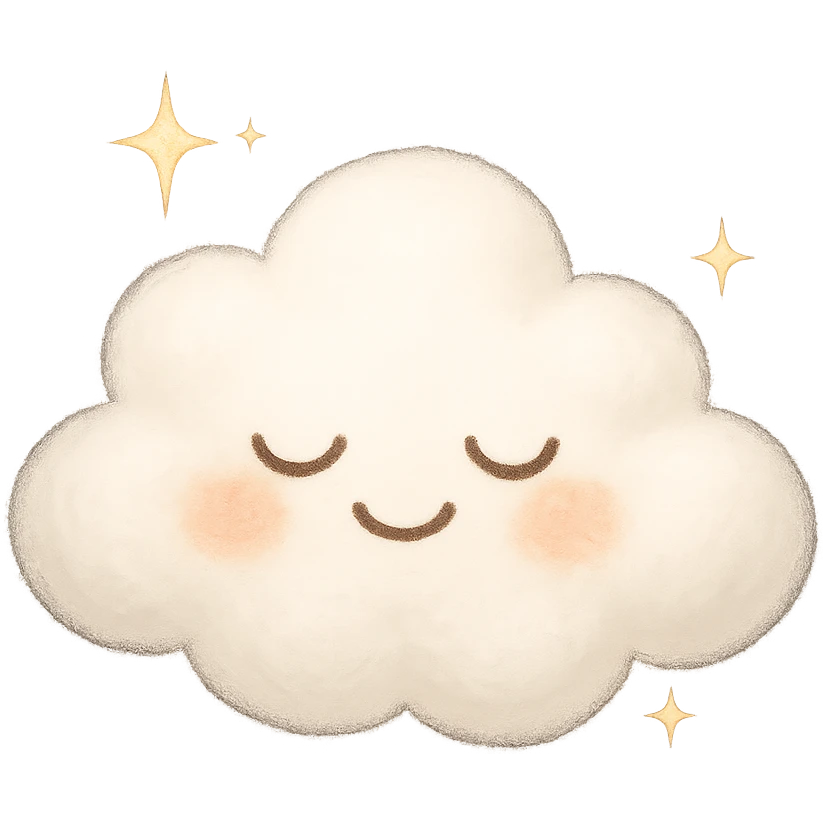 serene puffy cloud character with soft smile, closed eyelids, and shimmering sparkles, radiating calm and peace emoji