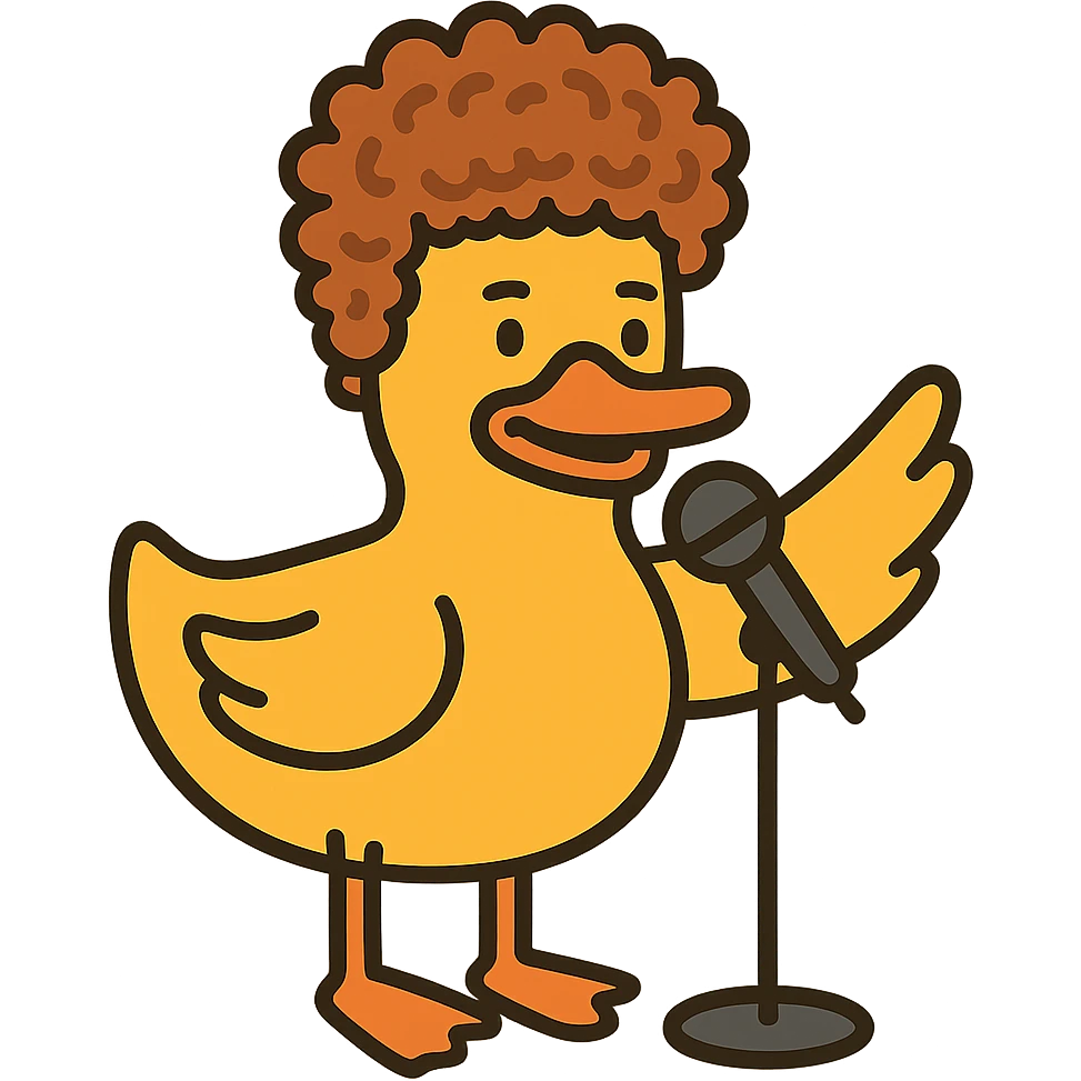 flat toon style duck with Jeff Ross's hair and a stand-up comedy vibe emoji