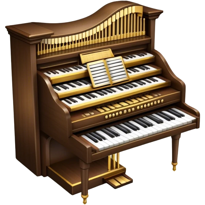 Create an elegant and majestic emoji representing a classical organ. The design should feature the grand pipes of the organ in the background, with visible details of the keys and pedalboard in the foreground. The pipes should be tall and impressive, with a mixture of gold, silver, and metallic shades to emphasize the grandeur of the instrument. The keyboard and pedals should be well-defined, capturing the intricate craftsmanship of the organ. Use dark wood tones and gold accents for the body of the instrument to give it a rich, historic feel. Add subtle musical notes around the organ to evoke its deep, resonant sound. The background should be transparent. emoji