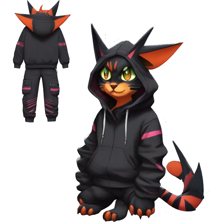 Cool Anthro Noivern-Litten-Cat-Pokémon with edgy stripes hoodie spiked collar punk techwear Cargo Pants Full Body emoji