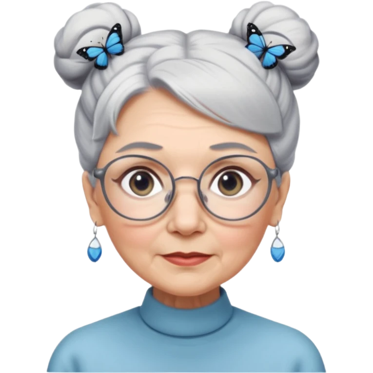 A beautiful grandmother with a delicate face and white/grey hair styled in high buns. She has steely blue/grey eyes and an intense gaze, and wears pretty glasses with butterfly frames. No background emoji