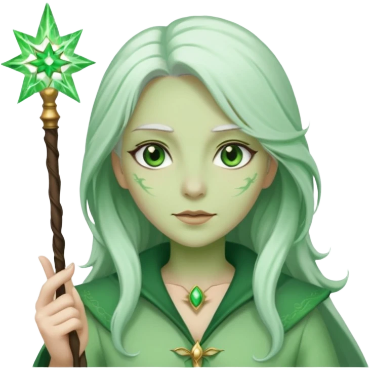 Woman with green skin color with white color long hair and carrying a magic wand emoji