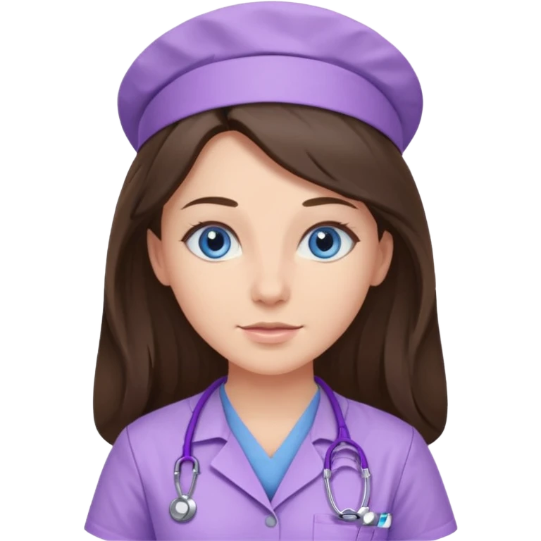 pretty brunette nurse with long hair and blue eyes in lilac scrubs emoji