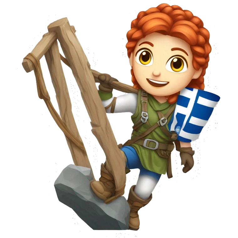 Greek Female winter mountaineer red hair white skin climbing with Greek Flag and Easter eggs basket emoji
