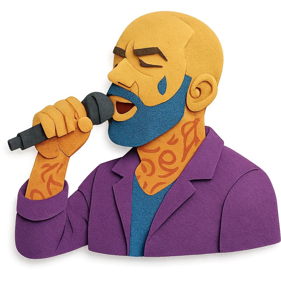 Amir Tataloo singing with microphone in paper craft style emoji
