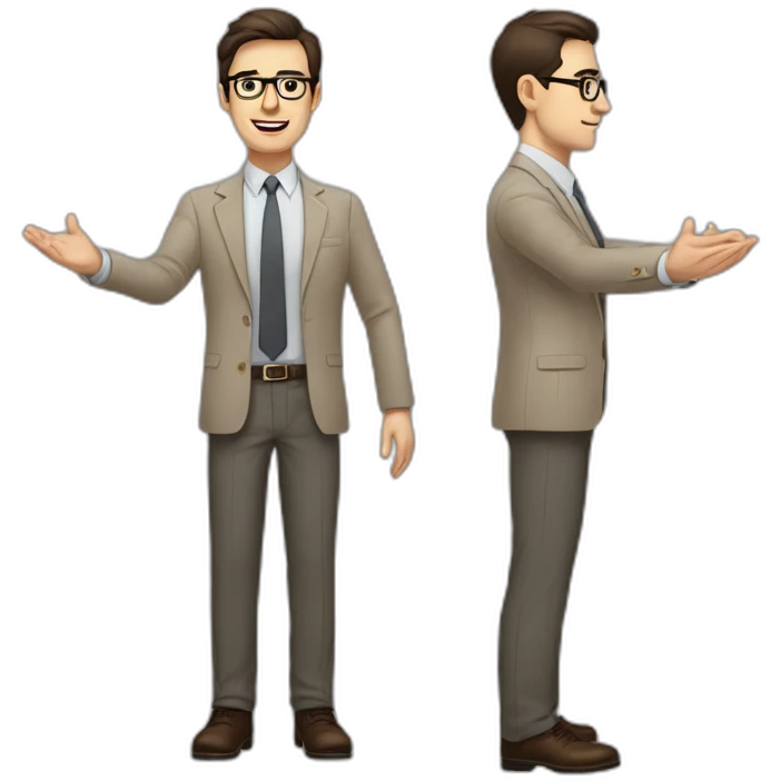Full height Actively gesturing with hands Pale skinned fit man with dark brown hair in gray jacket, beige office shirt, brown tie, brown pants and vintage glasses. emoji