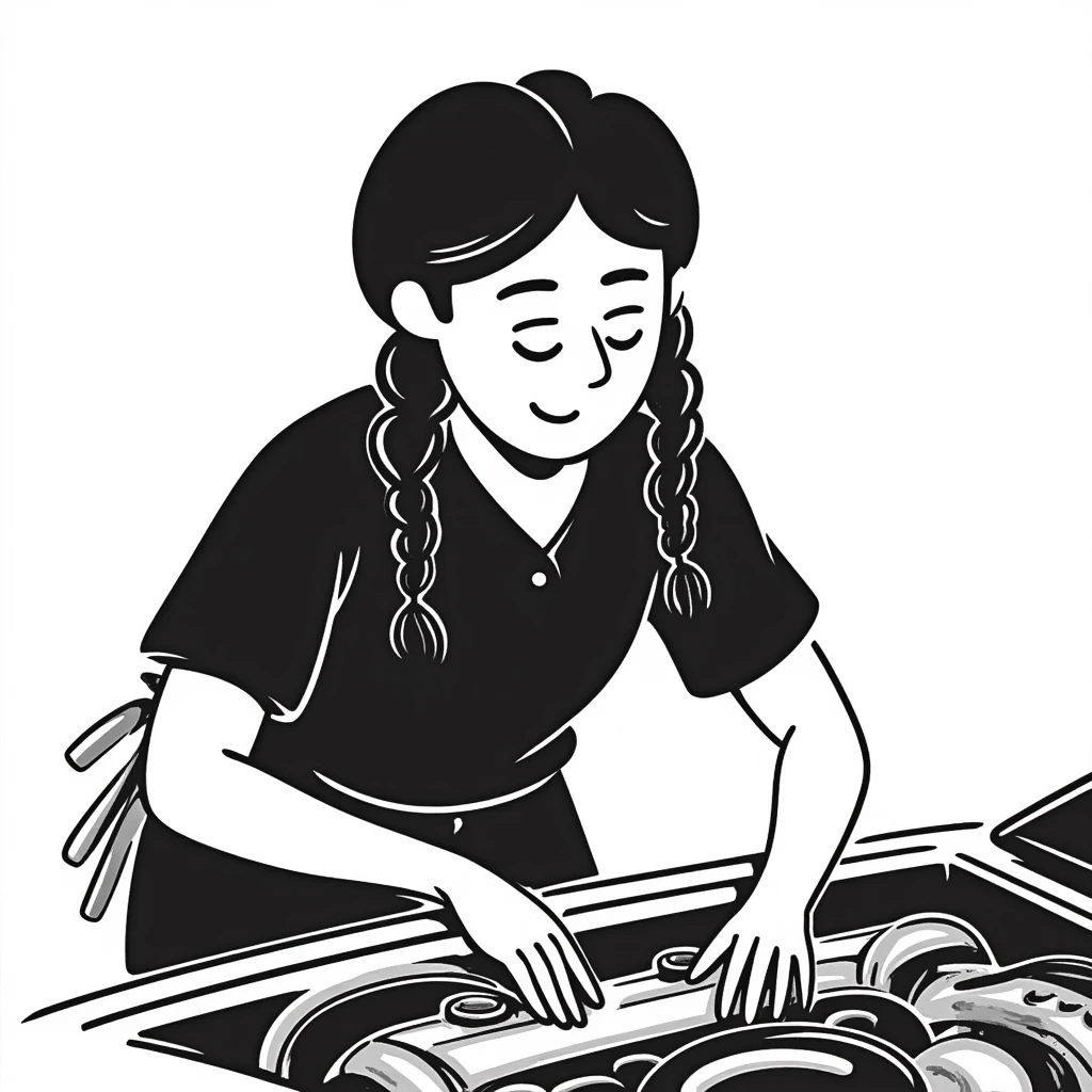 A 40-year-old Latina woman with light brown skin, two braids pulled back, dressed in all black mechanic scrubs, working as an auto mechanic emoji