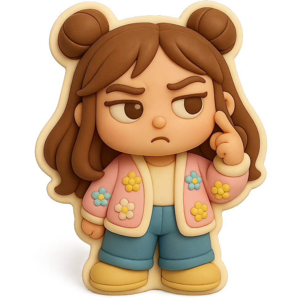 3D chibi fondant cake art style, high-quality rendering with smooth shadows and soft gradients. Girl based on reference image with preserved facial features and eye shape, long brown hair in two space buns, brown eyes, jeans, pastel floral cardigan, shoes, thick white outline like a sticker, transparent background. Expression: Spinning finger near her temple with a contemptuous expression (no whistling). Ensure the face, hairstyle, eye shape, and shoes match the reference exactly. emoji
