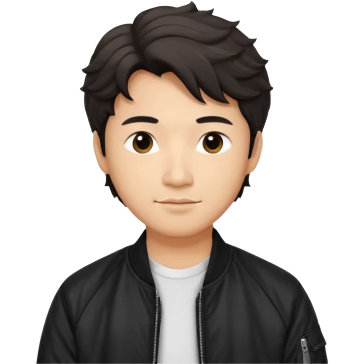 Handsome and mature Asian guy wavy hair, dressed cool in black bomber jacket, demure but with a smirk  emoji