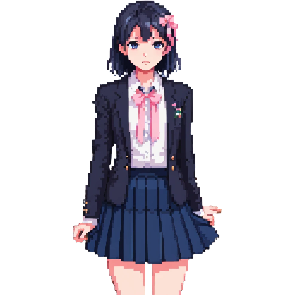 Japanese anime schoolgirl in a navy blazer, white blouse with pink ribbon, navy pleated skirt, standing in a classroom at sunset with orange glow and long shadows, one desk pulled out, black shoes, looking toward window, mood of absence and longing emoji