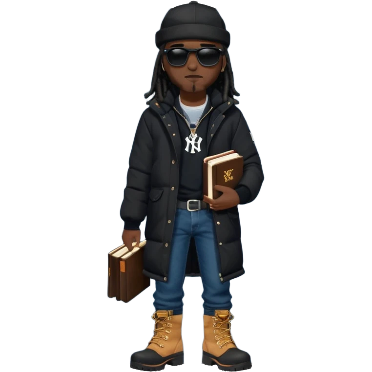 African American man with shoulder length black dreadlocks and black sunglasses wearing a black New York Yankees baseball hat with a North Face brand bubble winter coat with denim skinny jeans and timberland boots walk holding a holy bible emoji