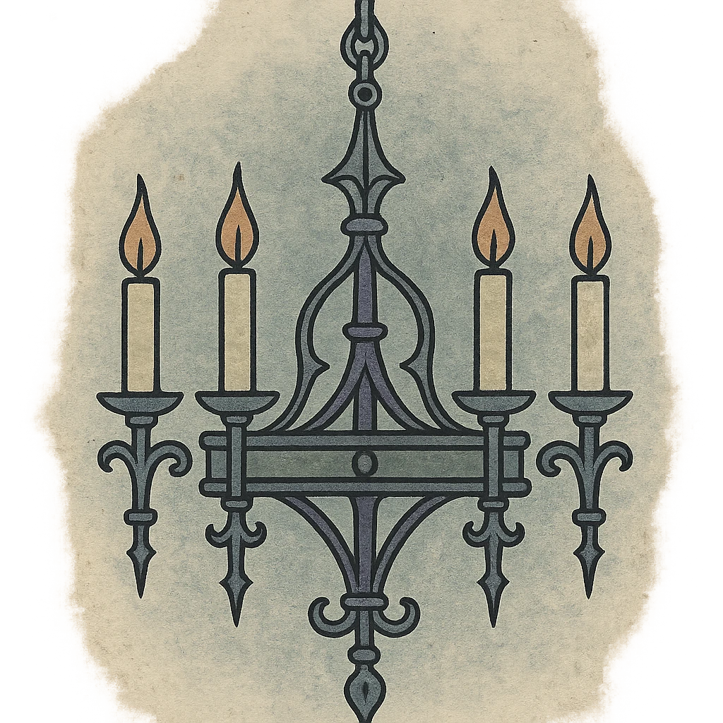gothic chandelier with candles, wrought iron, dramatic shadows, medieval art style emoji