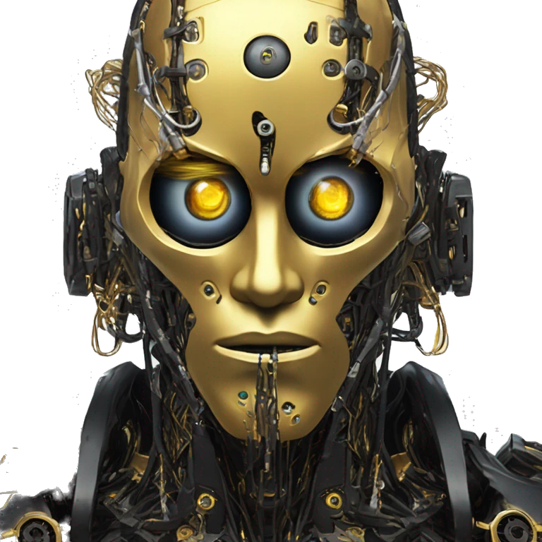 black metal male cyborg head with artificial eyeball, circuitry and wispy yellow gold hair emoji