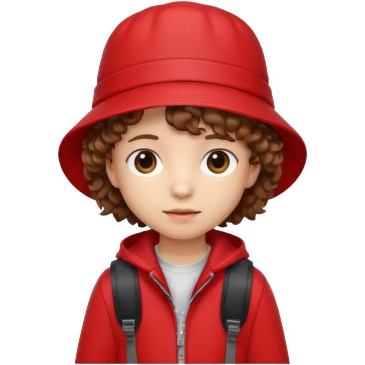 Little student brown curly hair, wears red bucket hat and jacket, backpack, shy emoji