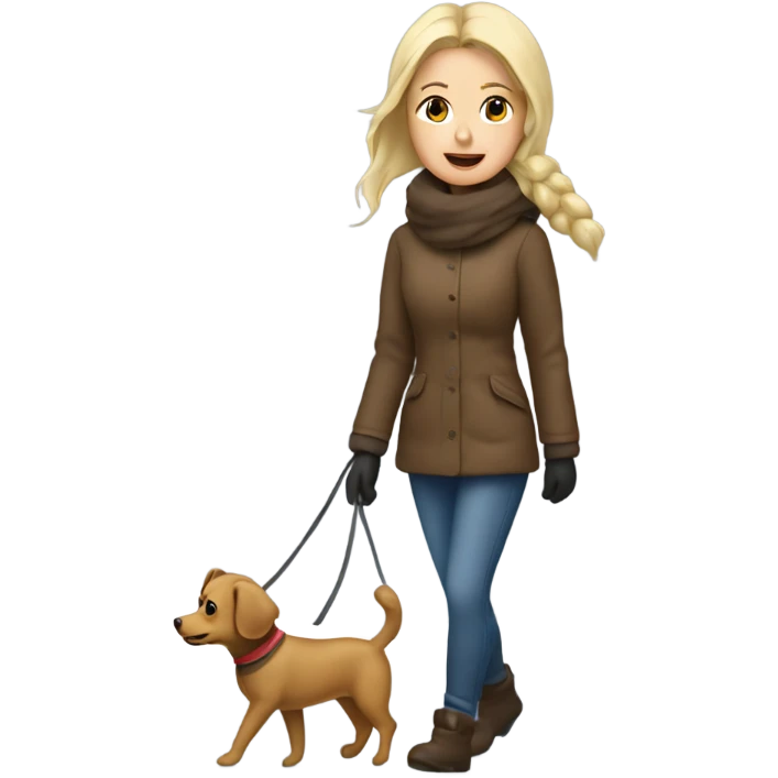 A cold day with snow and ice and a blonde woman walking a tiny brown dog  emoji